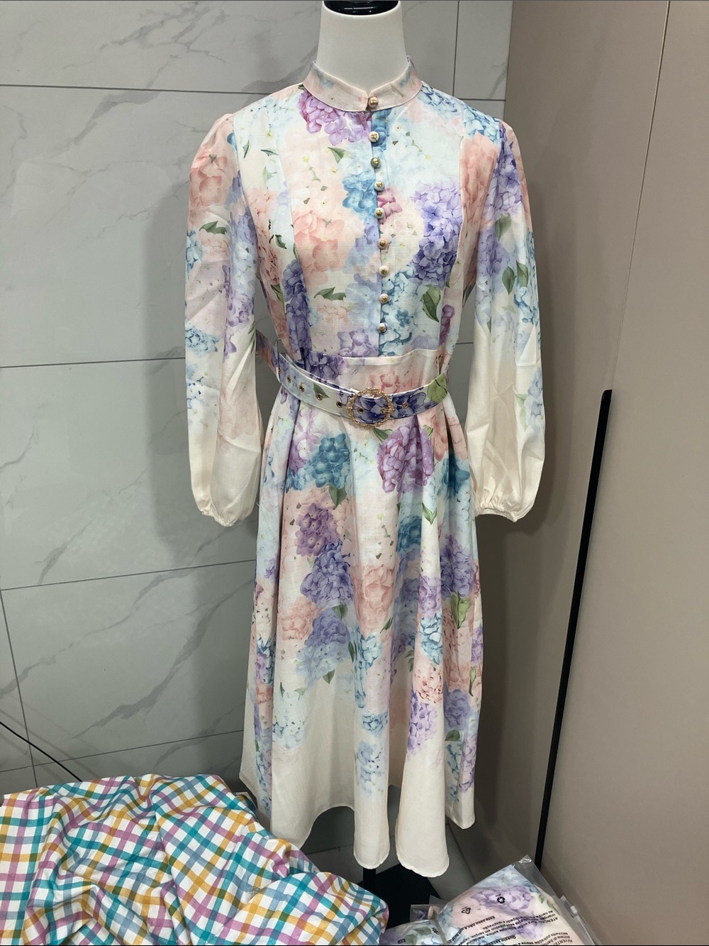Pastel Floral Long-Sleeve Midi Dress with Belt